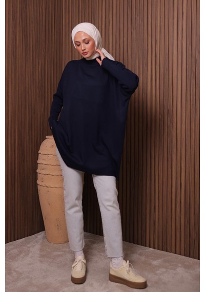 Balenbi Kadın Dik Yaka Basic 80cm Salaş Oversize Triko Tunik 1145 Lacivert