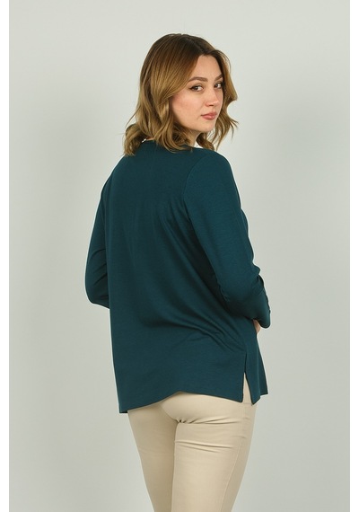 Detay Triko Kadın V Yaka Taş Detaylı Uzun Kol Bluz 4506 Zümrüt