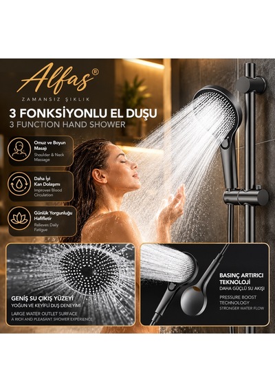 Alfas Termostatik Duş Bataryası Seti 3 Fonksiyonlu Basınç Artırıcı Pirinç Banyo Duş Sistemi Antrasit