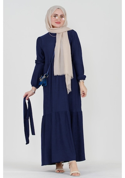 Sevitli Şura Fitilli Tesettür Elbise-saks Mavi-3297-saks Mavi Saks
