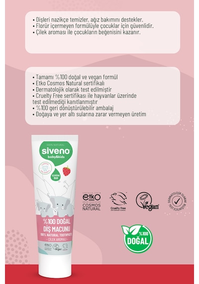 Siveno %100 Doğal Diş Macunu Bebek Ve Çocuk İçin Çilekli Aromalı Florürsüz 50 Ml