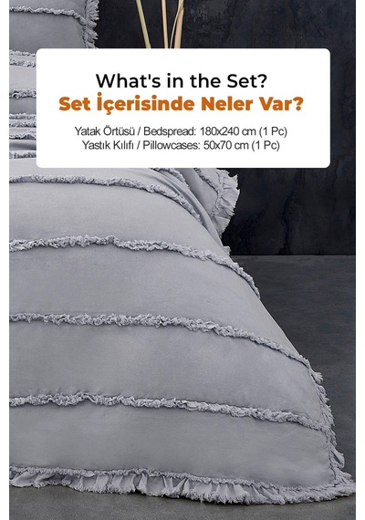 Evlen Home Pamuklu Echos Yatak Örtüsü Takımı Günlük Tek Kişilik 2 Parça Dolgulu El İşi Gri