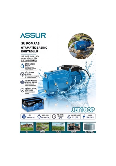 Assur Jet100p 1hp 47m Bakır Sargılı Santrifüj Jet Su Pompası-3152
