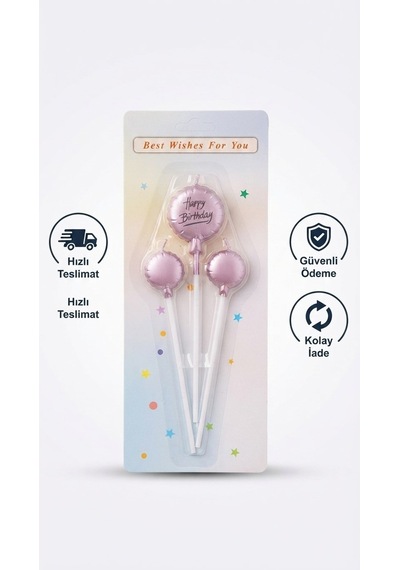3'lü Balon Tasarımlı Pembe Happy Birthday Pasta Mum Seti - Doğum Günü Pastası Mumu 11-12
