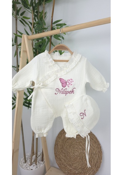 Gros Shop Müslin Yeni Doğan 4katlı Organik %100pamuk Kişiye Özgü Nakışlı Hastane Çıkış Seti Çoklu Kelebek-2 Ekru