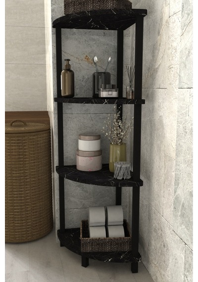 Decoline Banyo Rafı 4 Katlı Moblen Modern Organizer Depolama Ünitesi-siyah Mermer Desen Siyah