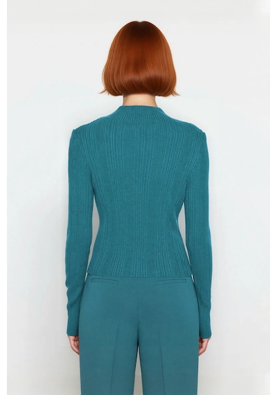 Ersefa Kadın Fitted Dik Yaka Fitilli Uzun Kollu Triko Kazak Günlük Basic Indigo