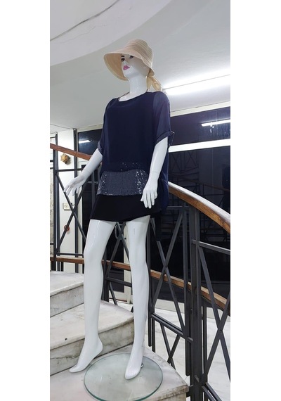 Bohem Stil İtalyan Yarasa Kollu Payetli İpek Bluz-9248 Lacivert