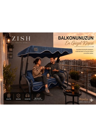 Altaleno 2 Kişilik 130 45 Cm Süngerli Bahçe Balkon Salıncak Minderi Yıkanabilir Kılıflı, Tenteli Keten Kumaş Tekstil Seti 24 Dns 8 Cm Orta Sert Sünger Mavi