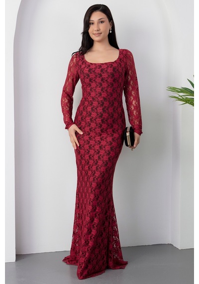 Kalopya Kare Yaka Dantel Balık Elbise Ap-3005 Bordo