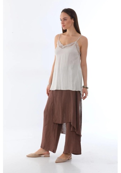 Bohem Stil İtalyan Ham Keten Pantolon Etek-8747 Kahverengi