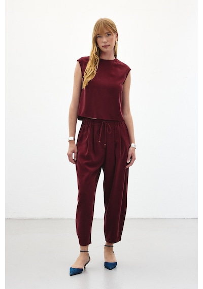 Sateen Şalvar Kesim Pantolon - Bordo-136447 Bordo