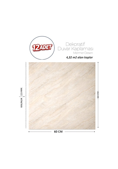 60x60 Cm Kendinden Yapışkanlı Duvar,banyo,tezgah Arası Bej Mermer-12 Adet 1103-60-12