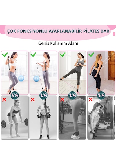 Valkyrie Full Vücut Pilates Bar Seti Egzersiz Çubuğu Ayarlanabilir Evde Onlarcak Farklı Spor Jimnastik Olanağı Kapı Askılı Çantalı Pembe