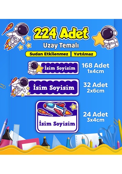 Uzay Temalı Okul Kreş Kişiye Özel İsim Etiket Seti - Model 531 Çok Renkli