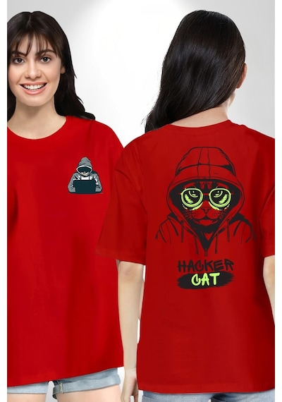 Hacker Kedi Bilgisayar Korsanı Yeşil Gözlük Kırmızı Oversize Unisex Ön Ve Sırt Baskılı Tişört Kırmızı