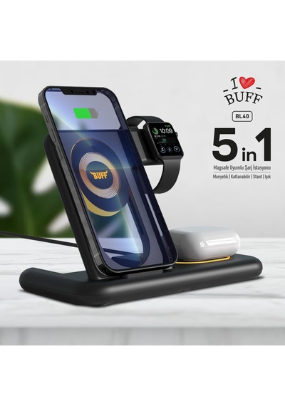 Buff Bl40 5in1 Telefon Watch Kulaklık Tutucu Kablosuz Led Işıklı Hızlı Şarj Standı Çok Renkli