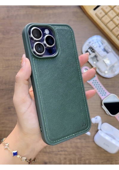 Apple iPhone 14 Pro Max Uyumlu Premium Deri Dokulu Darbelere Karşı Dayanıklı Nazal Silikon Kılıf Haki