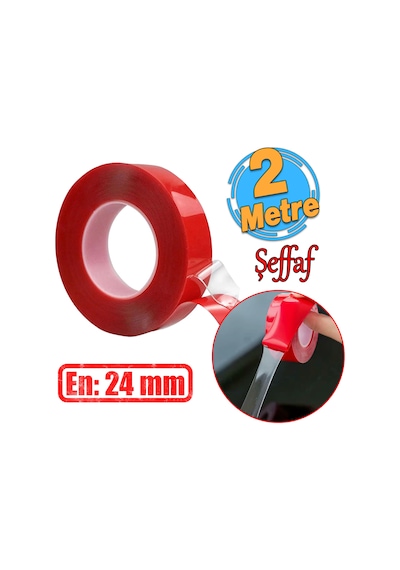 Çift Taraflı Silikon Bant Montaj Bandı Şeffaf 24 Mm X 2 Metre Güçlü Çok Amaçlı Yapıştırıcı 1 Adet