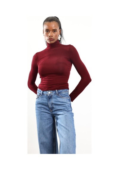 5in1Canpolat Bordo Boğazlı Transparan Bluz 25226 Bordo