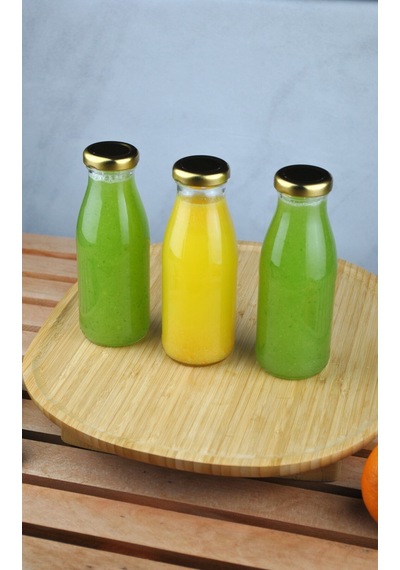 5 Adet Cam Şişe Meyve Suyu Ayran Detoks Şişesi 250 Ml Gold Metal Kapaklı Şişe