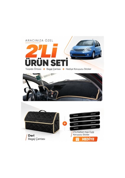 E-biz Cıtroen C3 2004-2009 Uyumlu Torpido Örtüsü + Deri Bagaj Çantası Seti - Siyah-bej - Cı004
