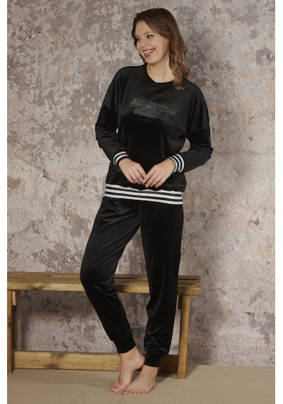 Over Sleep By Poleren Kadın Uzun Kol Spor Kadife Pijama Takımı Siyah