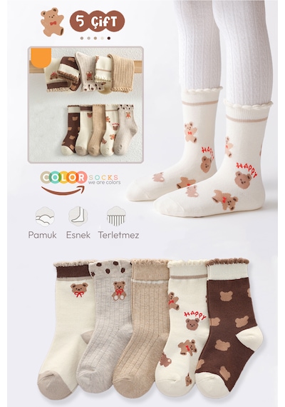 Color Socks 5 Çift Bear Desenli Kız Çocuk Çorap Seti Extra Soft Çok Renkli