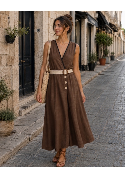 Eren Style İtalyan Belden Dolamalı Anvelop Keten Elbise Boyu:126 Cm'dir. Kahverengi Eren Style İtalyan Belden Dolamalı Anvelop Keten Elbise Boyu:126 Cm'dir. Kahverengi