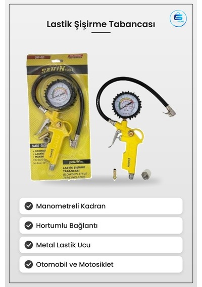Lastik Şişirme Tabancası Araç Kompresörü Manometreli Hortumlu Oto