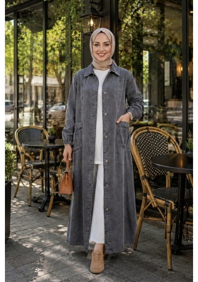 Hb Harma Time Butik Kadın Düğmeli Cepli Gri Denim Kot Kap