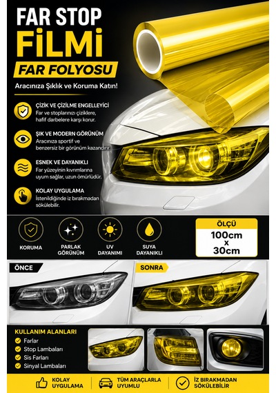 Far Stop Filmi Sarı Far Folyosu 100cm X 30cm Far Çizilme Engelleyici Folyo