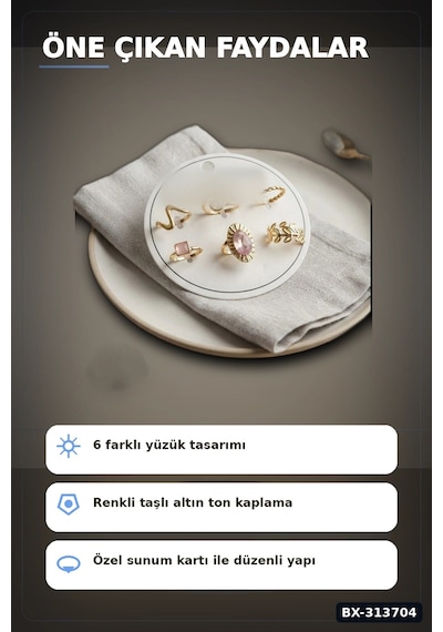 Pirinc 6 Adet Yuzuk Seti Numara 7-8 Arasi Bayan Bijuteri Hediyelik Ton Bx-313704 Çok Renkli