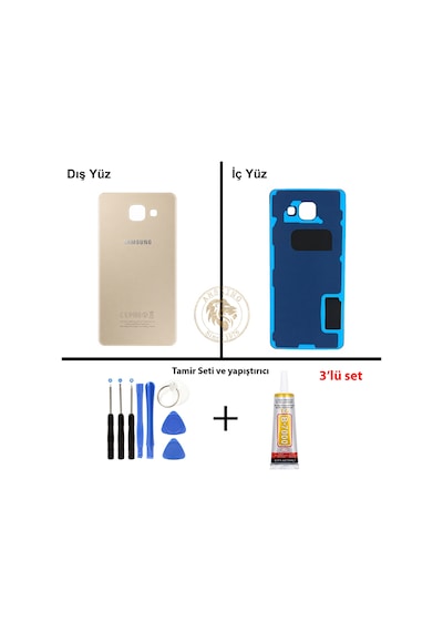 Samsung Galaxy A5 2016 A510 Gold Renk Arka Kapak + Tamir Seti + B7000 Yapıştırıcı Arka Cam Batarya Kapağı Pil Kapağı Lazer Kesim Back Cover Galaxy A5 2016 Uyumlu
