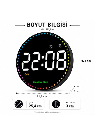 Uzaktan Kumandalı Led Dijital Duvar Saati Büyük Ekran, Ayarlanabilir Parlaklık, Çift Alarm, Sessiz Çalışma, Modern Şık Tasarım Mat Siyah
