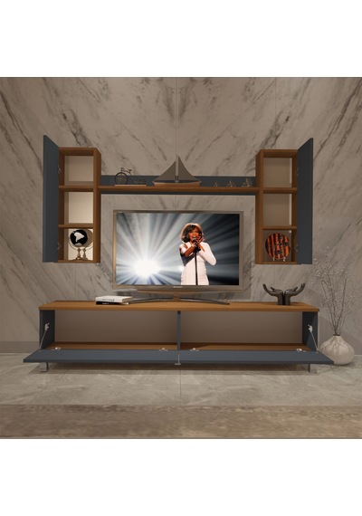 Decoraktiv Eko 5d Mdf Std Krom Ayaklı Tv Ünitesi Tv Sehpası Ceviz - Antrasit