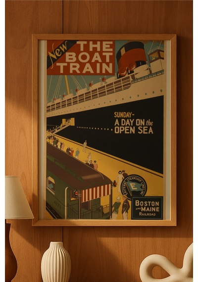 Boat Train Doğal Ahşap Çerçeveli Poster, Dekoratif Seyahat Duvar Tablosu