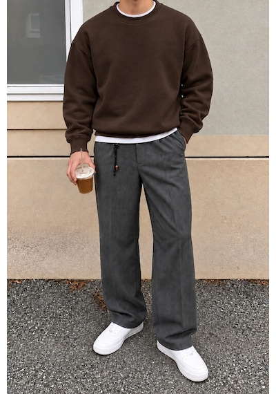 Tarz Cool Erkek 3 İplik Şardonlu Regular Fit Bisiklet Yaka Basic Sweatshirt Kahverengi