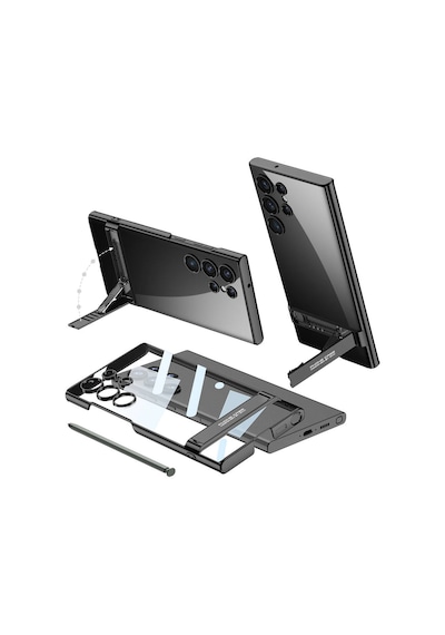 Galaxy S24 Ultra Kılıf Zore Kamera Korumalı Şeffaf Dikey Standlı Ays Kapak Siyah