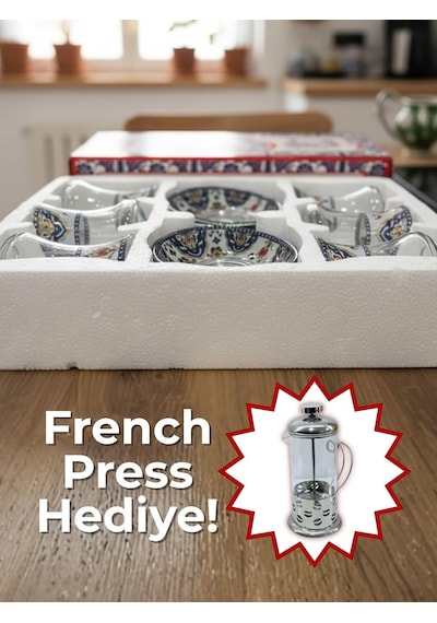 Topkapı 6 Kişilik Çay Seti, French Press Hediyeli, 9 Farklı Osmanlı Desenli Çay Bardağı Takımı 6, Topkapı Lal Genel