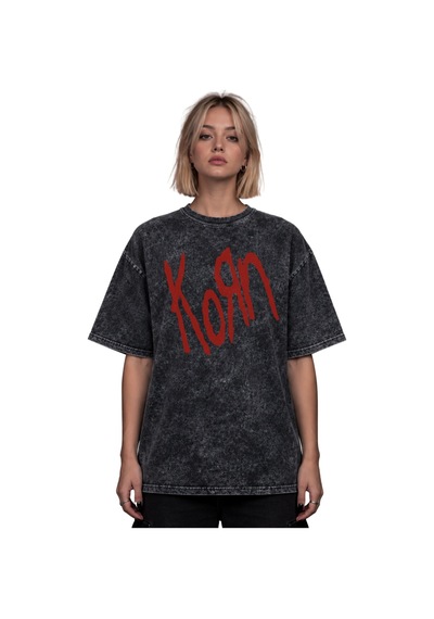 Korn Rock Metal Müzik Grubu Baskılı Unisex Oversize Eskitme Yıkam Siyah