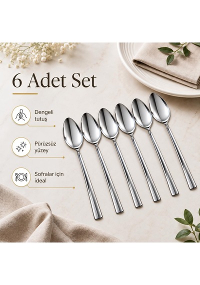 Yemek Kaşığı, 6'li Premium Kalite Paslanmaz Çelik Kaşık Set 20 Cm Diğer