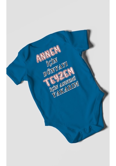 Annem İçin Dünyayı Teyzem İçin Annemi Yakarım Baskılı Bebek Zıbını %100 Pamuk Kısa Kol Koyu Mavi