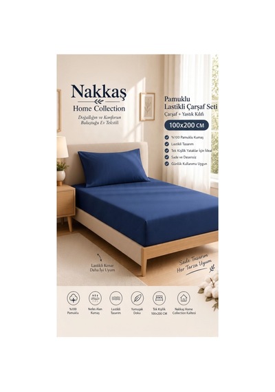 100x200 Lastikli Çarşaf Seti Pamuklu Tek Kişilik Çarşaf + Yastık Kılıfı-gece Mavisi