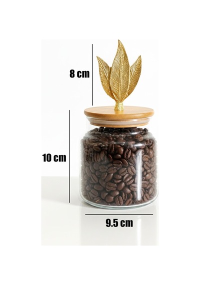 3 Lü Bambu Kapaklı Metal Yaprak Figürlü Cam Kavanoz Seti - Saklama Kabı 635cc Şeffaf