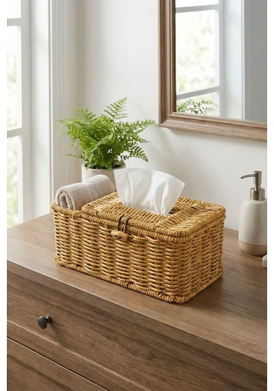 Bölmeli Kapaklı Doğal Rattan Görünümlü Hasır Organizer Sepet, Peçetelik, Makyaj Ve Takı Düzenleyici, Plastik, 24x10x10 Cm -