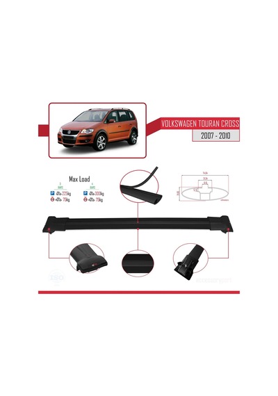 Volkswagen Touran Cross 2007-2010 Arası İle Uyumlu Fly Model Ara Atkı Tavan Barı Siyah 3 Adet Bar