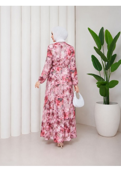 Pamuk Mango Kumaş Çiçek Desenli Boydan Düğmeli Tesettür Elbise Pembe