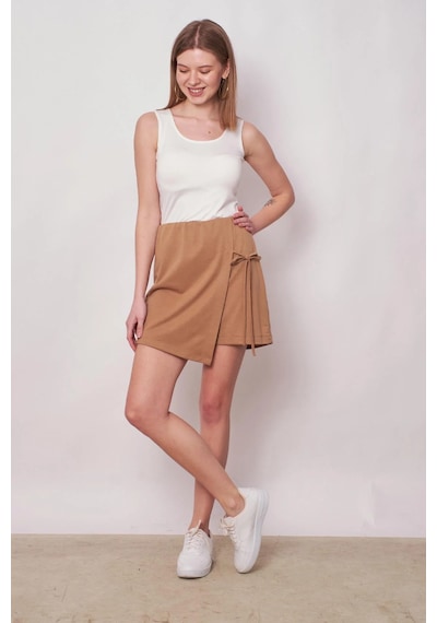 JUMENT Kadın Esnek Modal Karışımlı Beli Lastikli Şort Etek Boy:40cm +-2cm -camel CAMEL