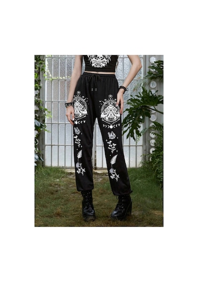 Tarzsokak Goth Skull Graphic Drawstring Waist 4 Mevsim Eşofman Siyah
